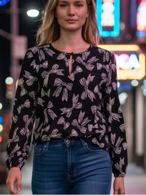 LOFT Black Bow-Print Blouse